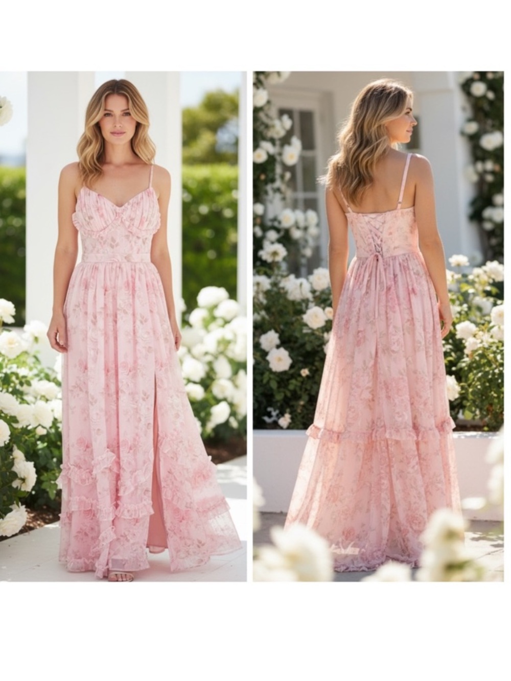 Peachy pink floral dress maxi ruffle tiers front slit corset zipper back boho  8